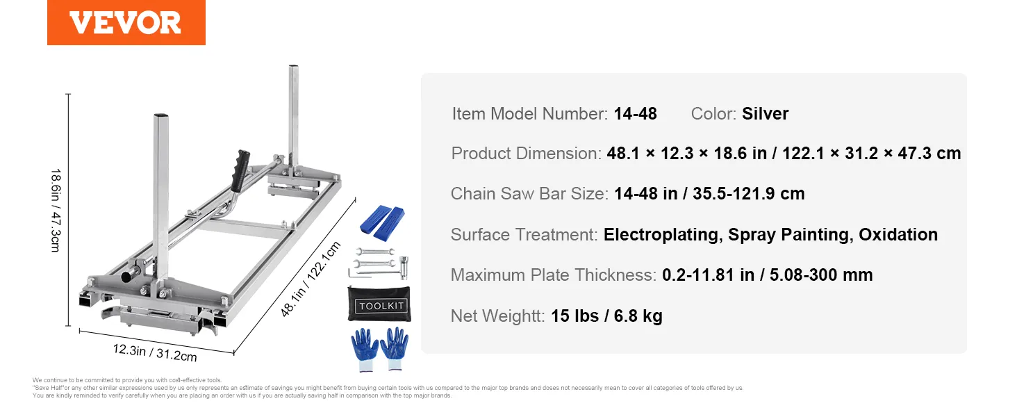 VEVOR chainsaw mill, 48.1x12.3x18.6in dimensions, 14-48in bar size, silver color, weighs 15 lbs.