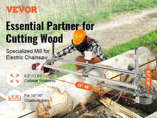VEVOR chainsaw mill cutting large log with dimensions for cuttable thickness and chainsaw bars.