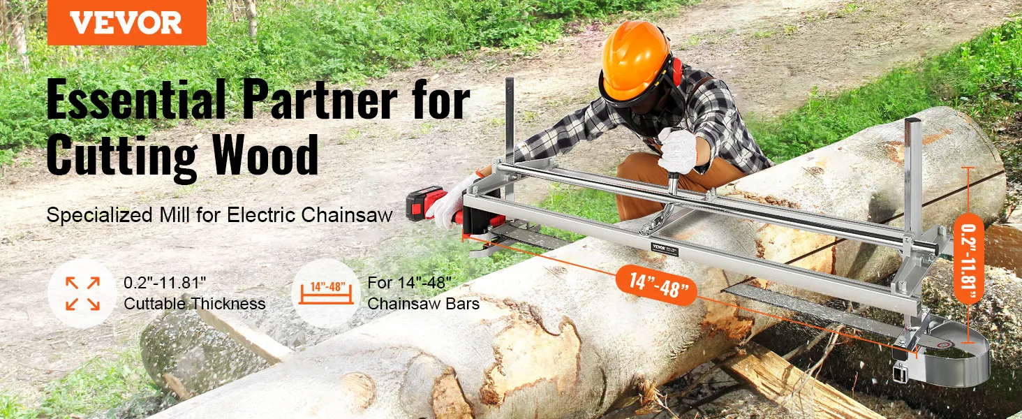 VEVOR chainsaw mill cutting large log with dimensions for cuttable thickness and chainsaw bars.