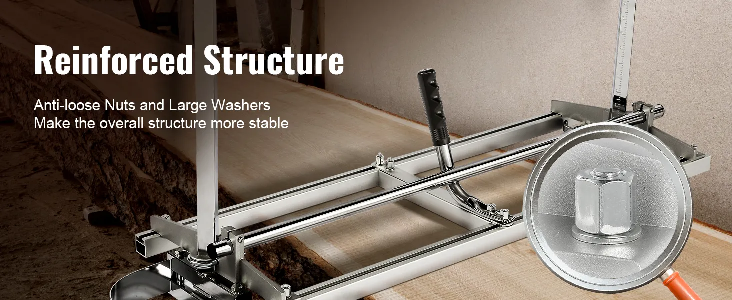 VEVOR chainsaw mill with reinforced structure, featuring anti-loose nuts and large washers for stability.
