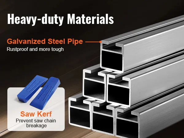 heavy-duty galvanized steel pipes for VEVOR chainsaw mill, featuring saw kerf to prevent chain breakage.