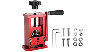 red VEVOR wire stripping machine with handle and accessory tools set.