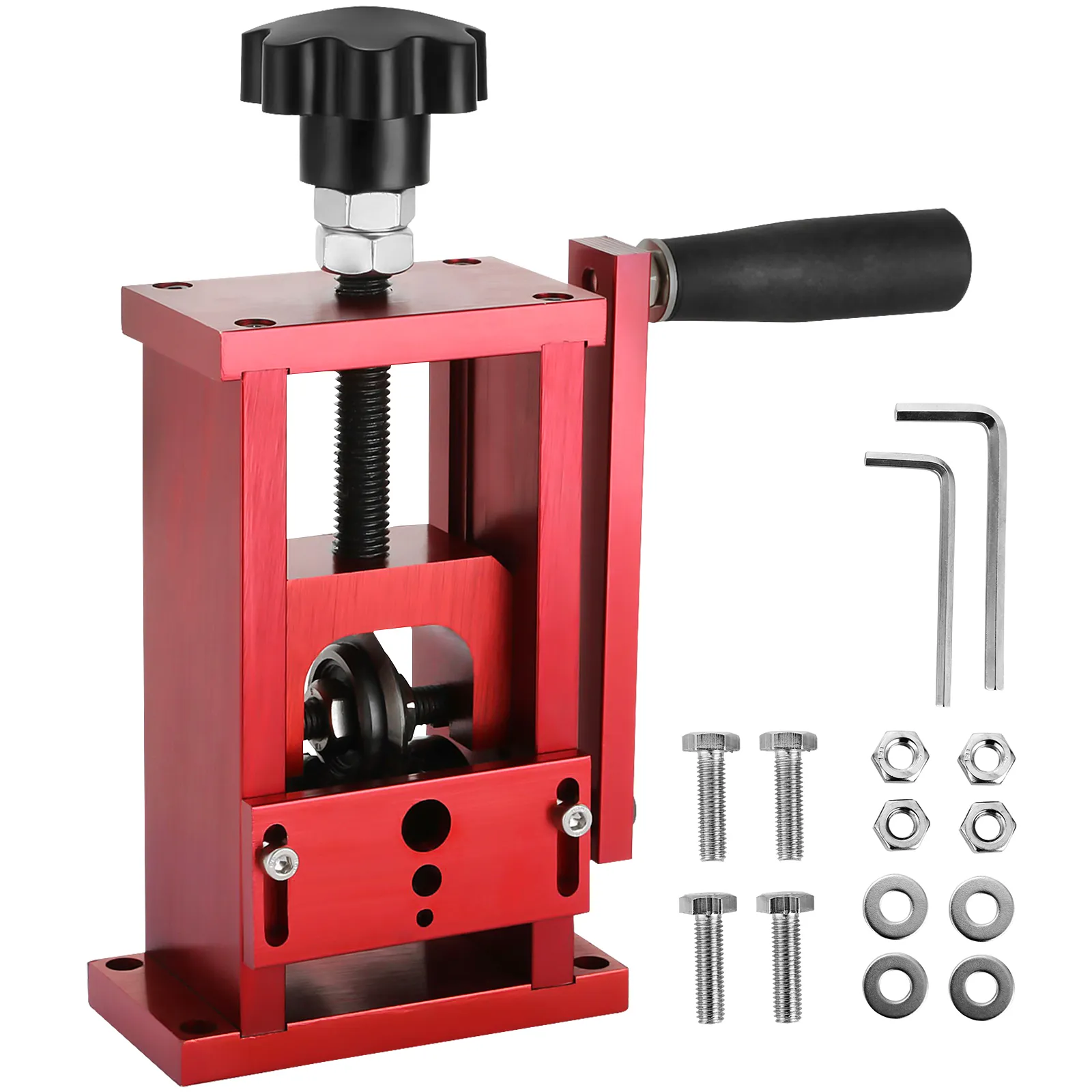 red VEVOR wire stripping machine with handle, bolts, nuts, and hex keys included.
