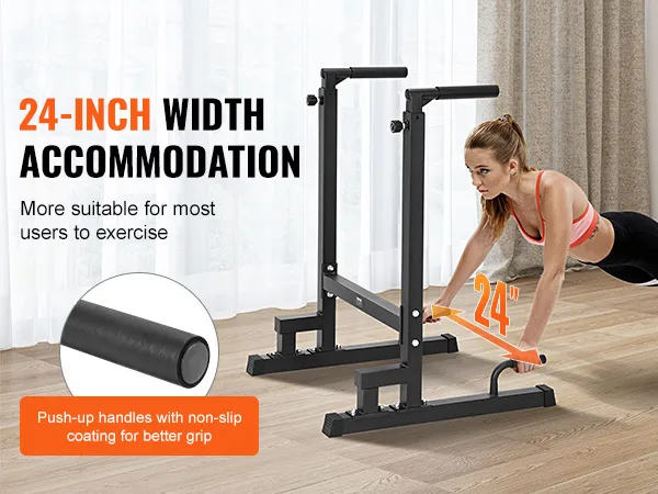 VEVOR dip bar with 24-inch width, featuring non-slip push-up handles for better grip.