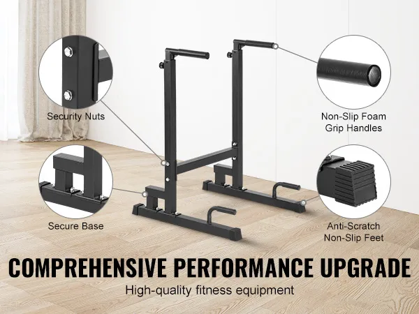 VEVOR dip bar with non-slip foam grip handles, secure base, security nuts, and anti-scratch non-slip feet.