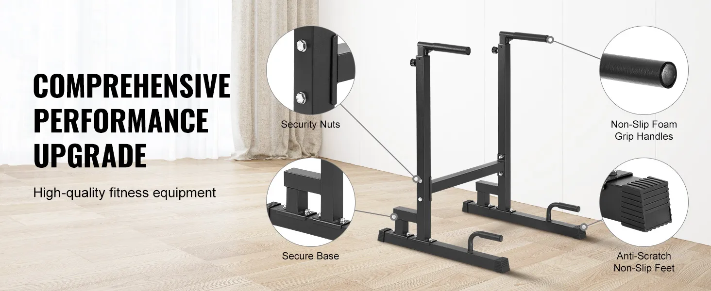VEVOR dip bar with non-slip foam grip handles, secure base, security nuts, and anti-scratch non-slip feet.