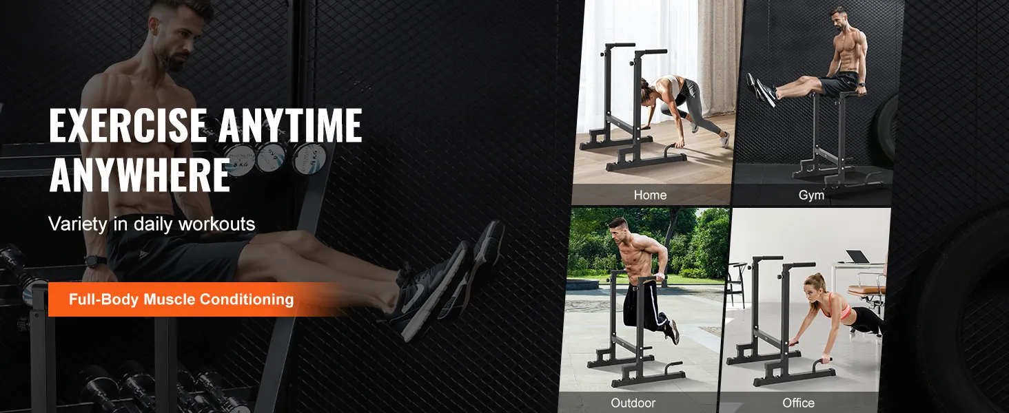 exercise anytime anywhere with VEVOR dip bar featuring versatile workouts for home, gym, outdoor, and office.