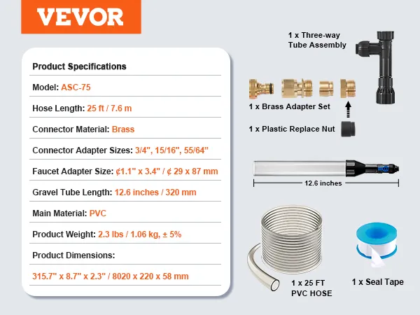 VEVOR aquarium vacuum cleaner specifications and components: 25ft pvc hose, brass adapter set, seal tape.