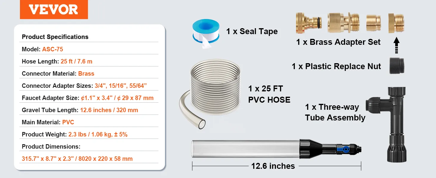 VEVOR aquarium vacuum cleaner specifications and components: 25ft pvc hose, brass adapter set, seal tape.