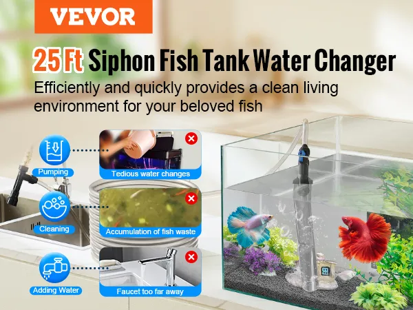 VEVOR aquarium vacuum cleaner with 25 ft siphon for easy water change and fish tank cleaning.