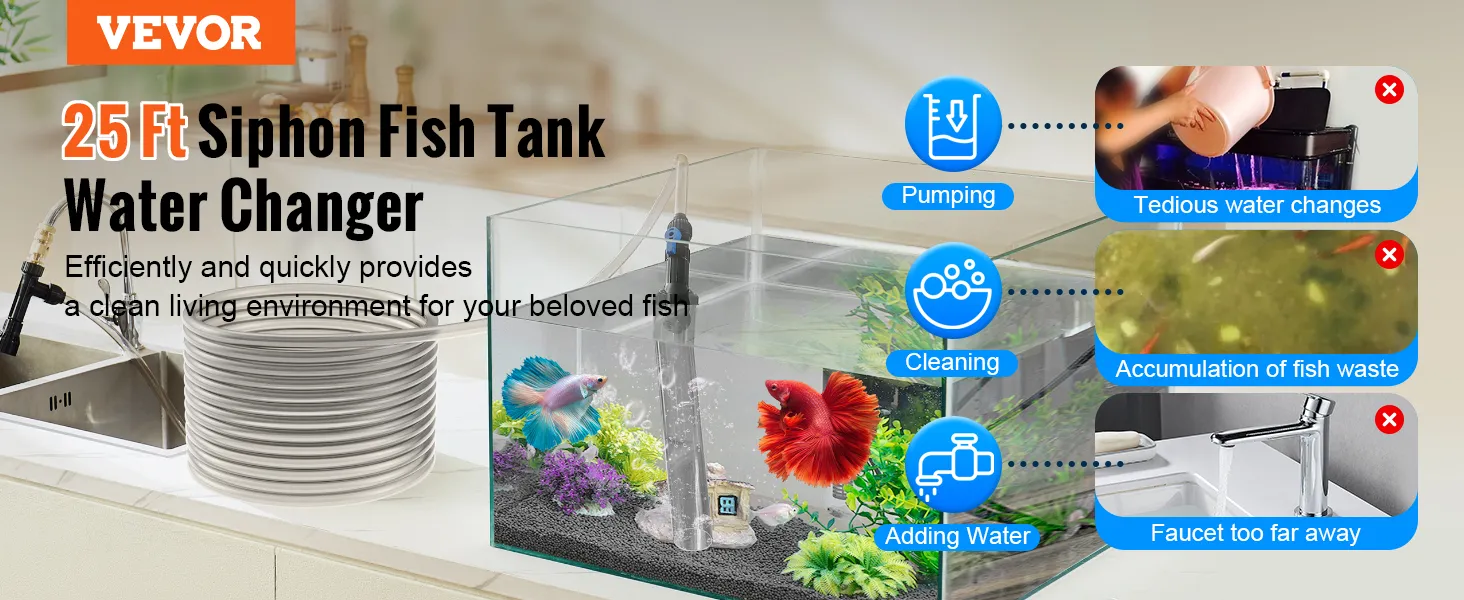 VEVOR aquarium vacuum cleaner with 25 ft siphon for easy water change and fish tank cleaning.