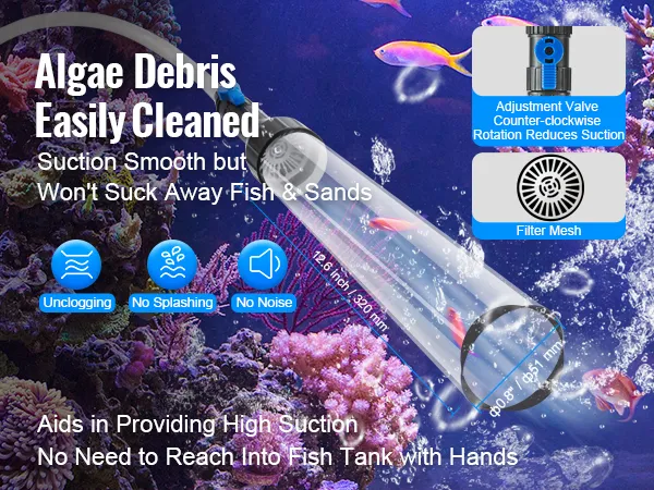 VEVOR aquarium vacuum cleaner efficiently removes algae without disturbing fish, featuring filter mesh and adjustment valve.