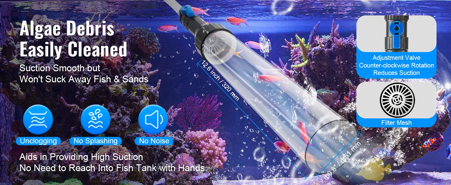 VEVOR aquarium vacuum cleaner efficiently removes algae without disturbing fish, featuring filter mesh and adjustment valve.