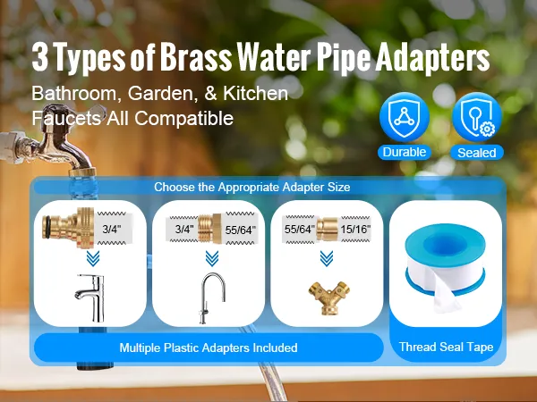 3 types of brass water pipe adapters for bathroom, garden, and kitchen faucets with thread seal tape.