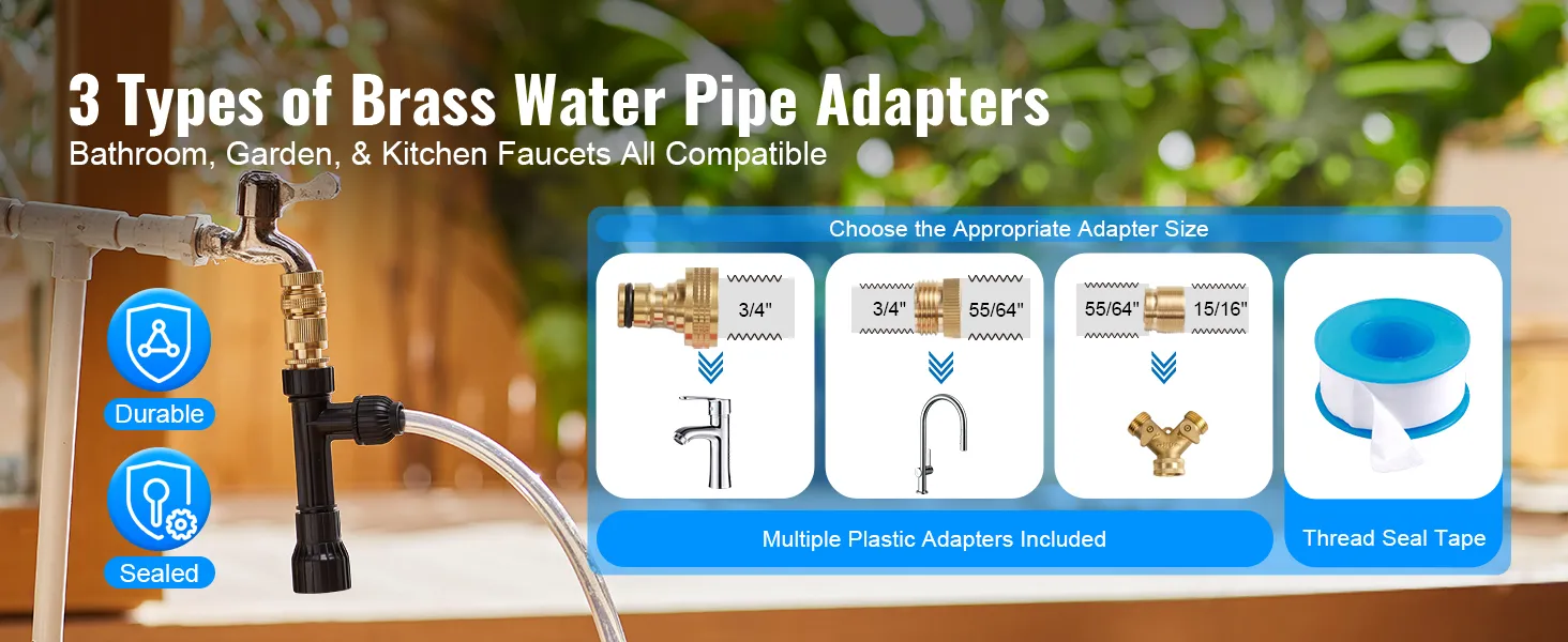 3 types of brass water pipe adapters for bathroom, garden, and kitchen faucets with thread seal tape.