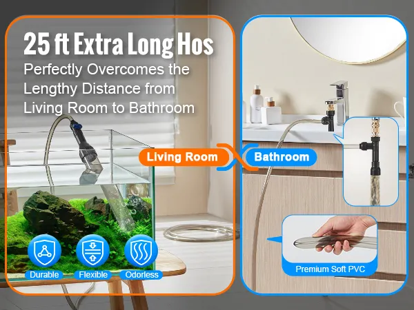 25 ft extra long hose of VEVOR aquarium vacuum cleaner, connecting living room aquarium to bathroom.