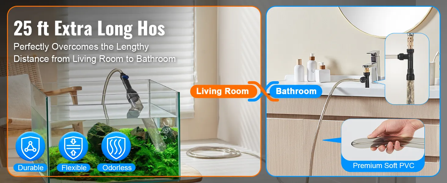 25 ft extra long hose of VEVOR aquarium vacuum cleaner, connecting living room aquarium to bathroom.
