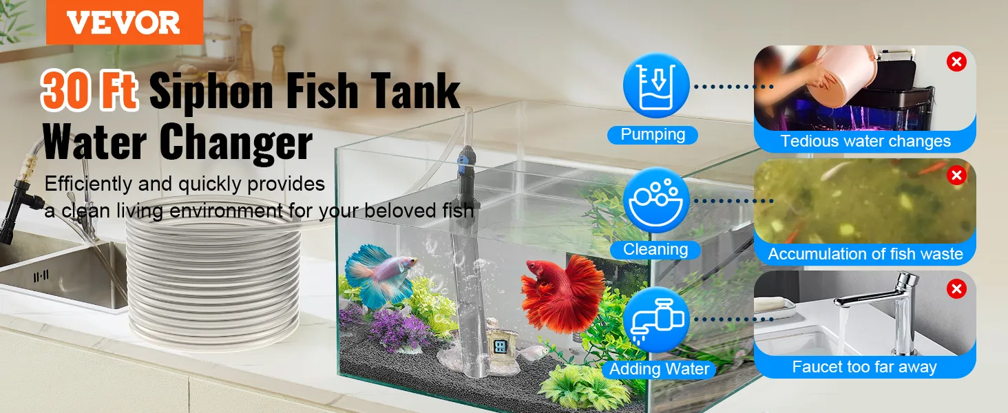 El limpiador de grava al vacío para acuarios VEVOR simplifica los tediosos cambios de agua y elimina los desechos de los peces de manera eficiente.