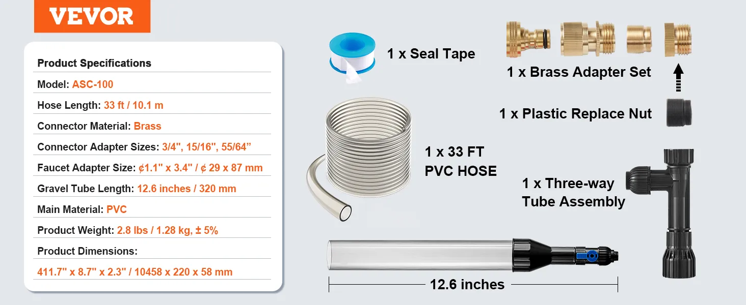 Aspirador de grava para acuario VEVOR, adaptadores de latón, manguera de PVC de 33 pies, cinta de sellado, tubo de tres vías.