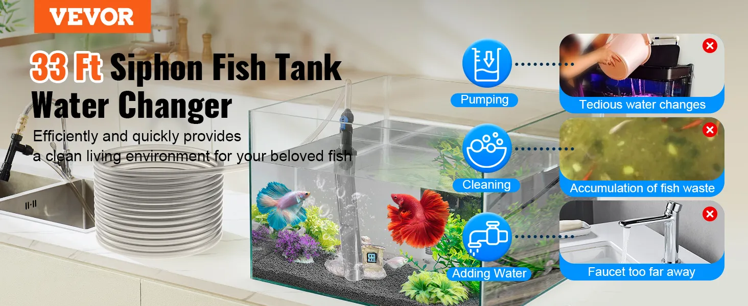 Aspirador de grava para acuarios VEVOR que demuestra cambios de agua sencillos, eliminación de desechos y adición de agua.