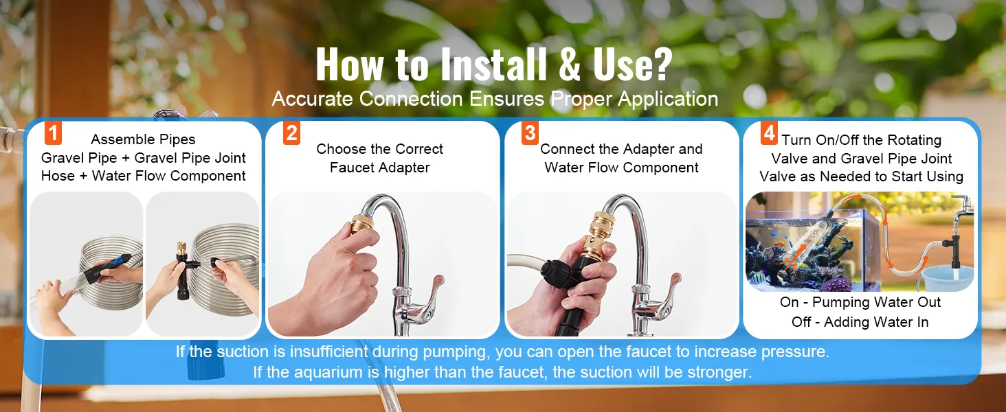 Cómo instalar el aspirador de grava para acuario VEVOR: montar, elegir el adaptador, conectar, encender.