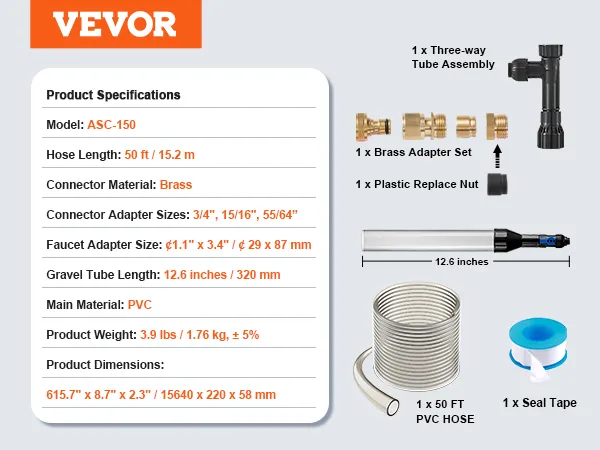 VEVOR aquarium vacuum gravel cleaner with brass adapters, 50 ft pvc hose, seal tape, and other accessories.