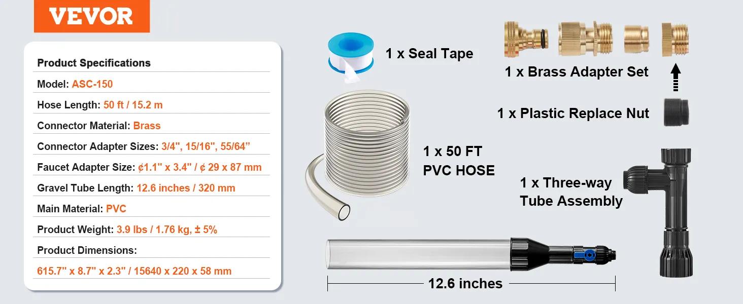 VEVOR aquarium vacuum gravel cleaner with brass adapters, 50 ft pvc hose, seal tape, and other accessories.