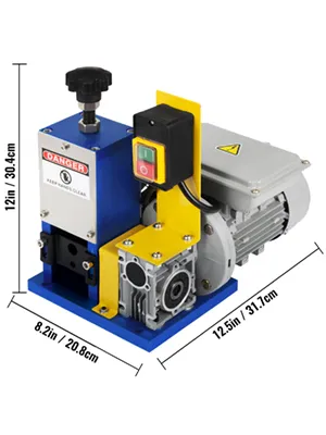 VEVOR electric wire stripping machine with dimensions labeled: 12.5in x 8.2in x 12in.