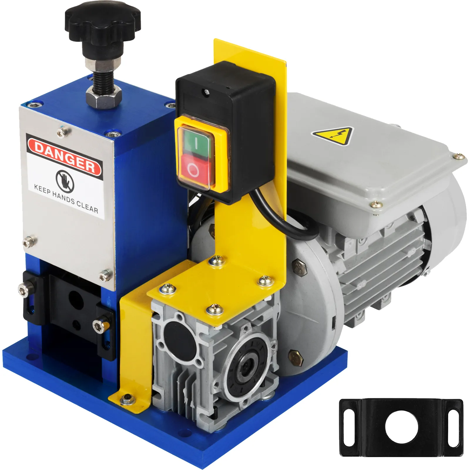 VEVOR electric wire stripping machine with safety labels and control switches.