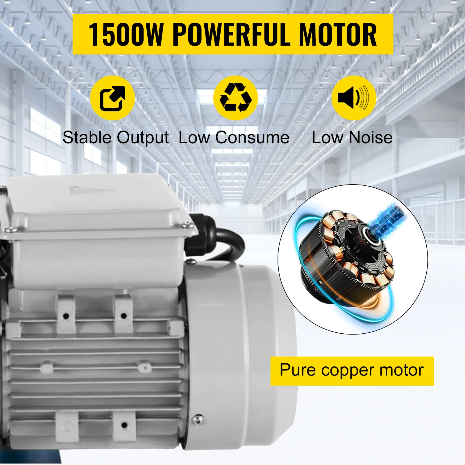 1500w motor with pure copper core, featuring stable output, low consume, and low noise.