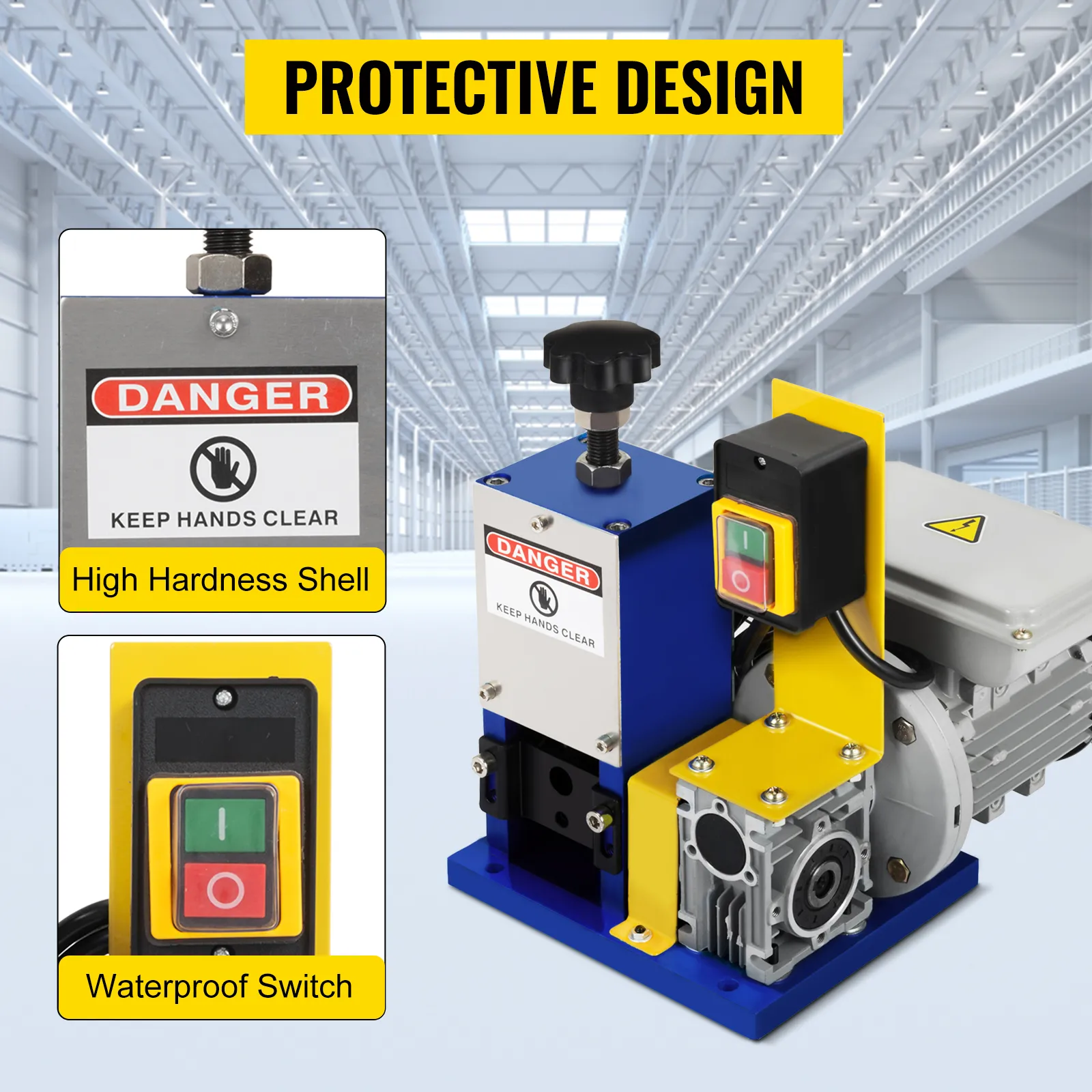 VEVOR electric wire stripping machine with protective design and waterproof switch.