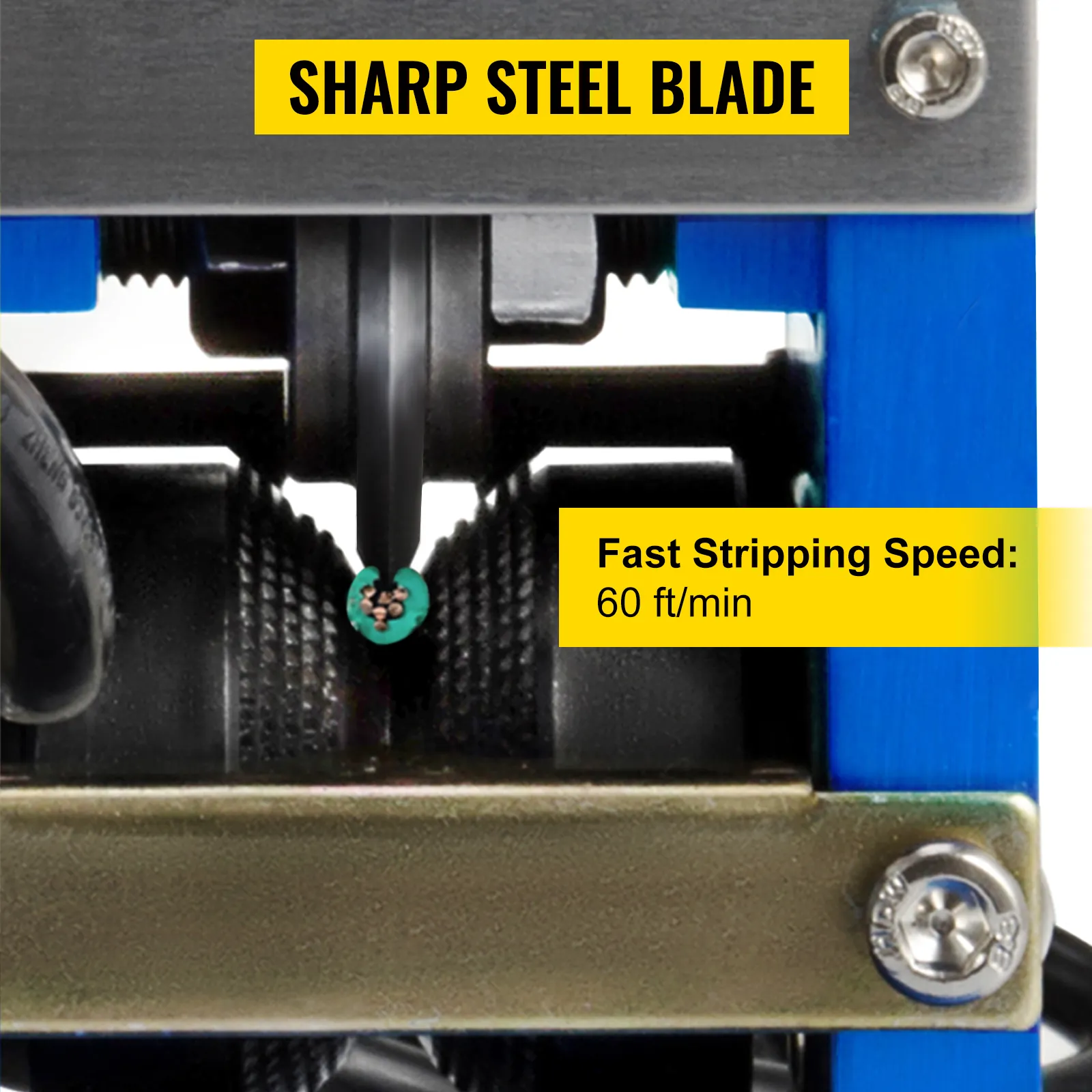 sharp steel blade on VEVOR electric wire stripping machine, fast 60 ft/min stripping speed.