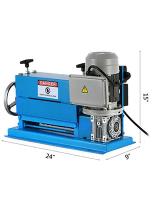 blue VEVOR wire stripping machine, 24x9x15 inches with safety warning label.