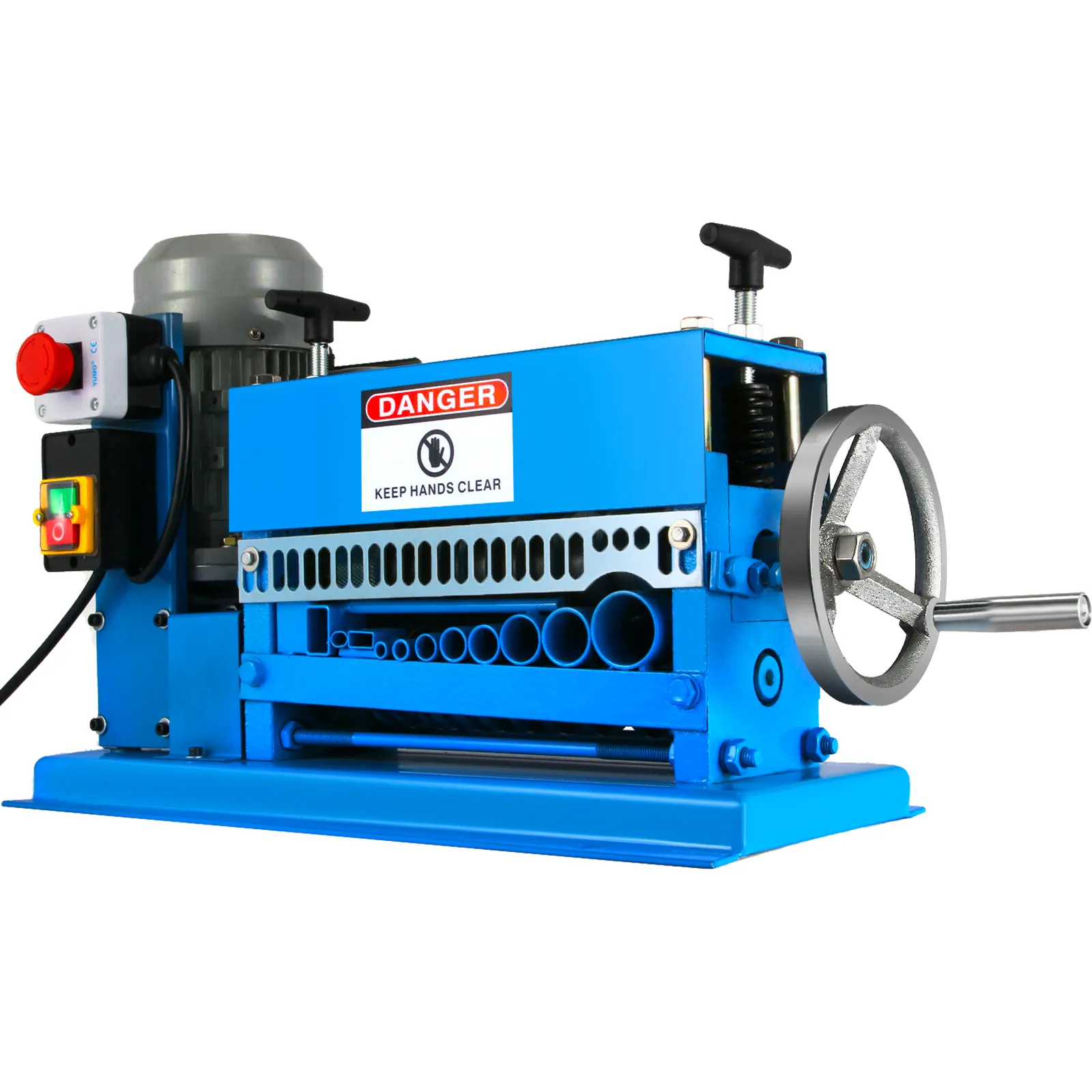 blue VEVOR wire stripping machine with hand crank and safety warning label.
