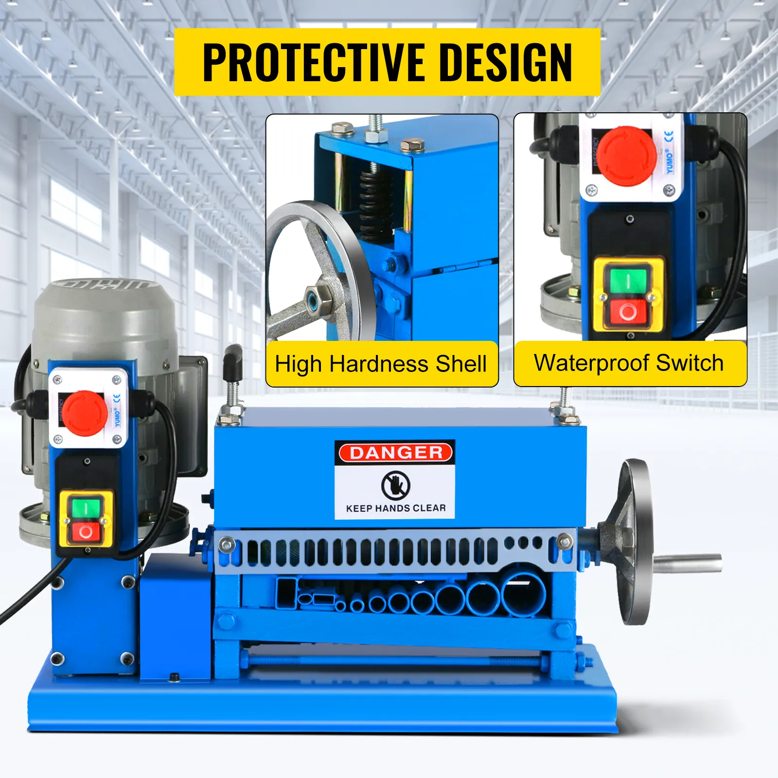 VEVOR wire stripping machine with high hardness shell and waterproof switch.