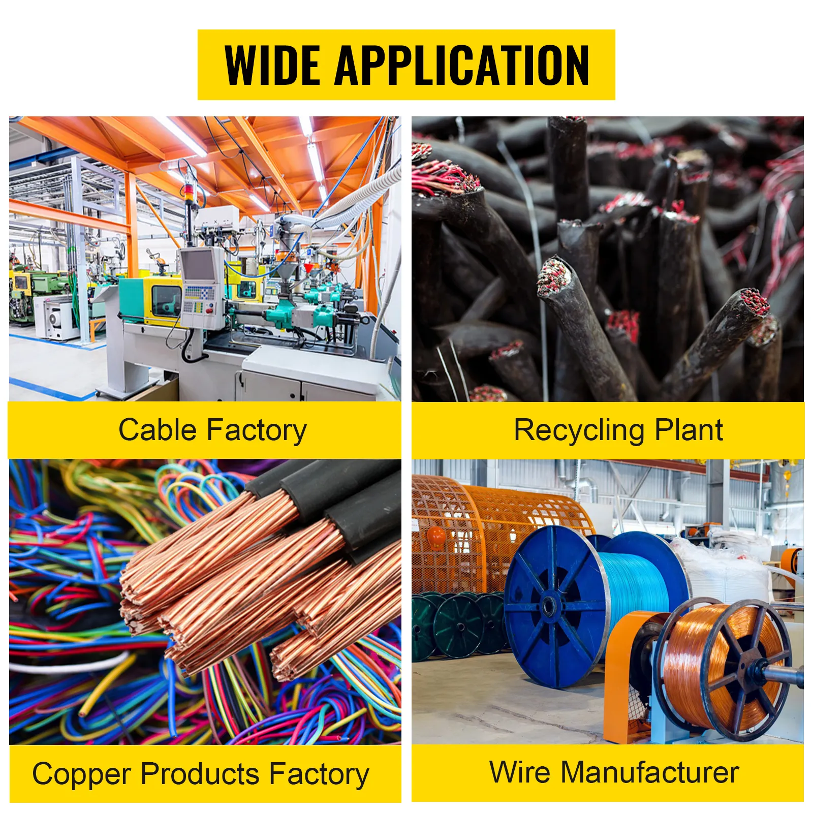 wide application of VEVOR wire stripping machine in factories and recycling plants.