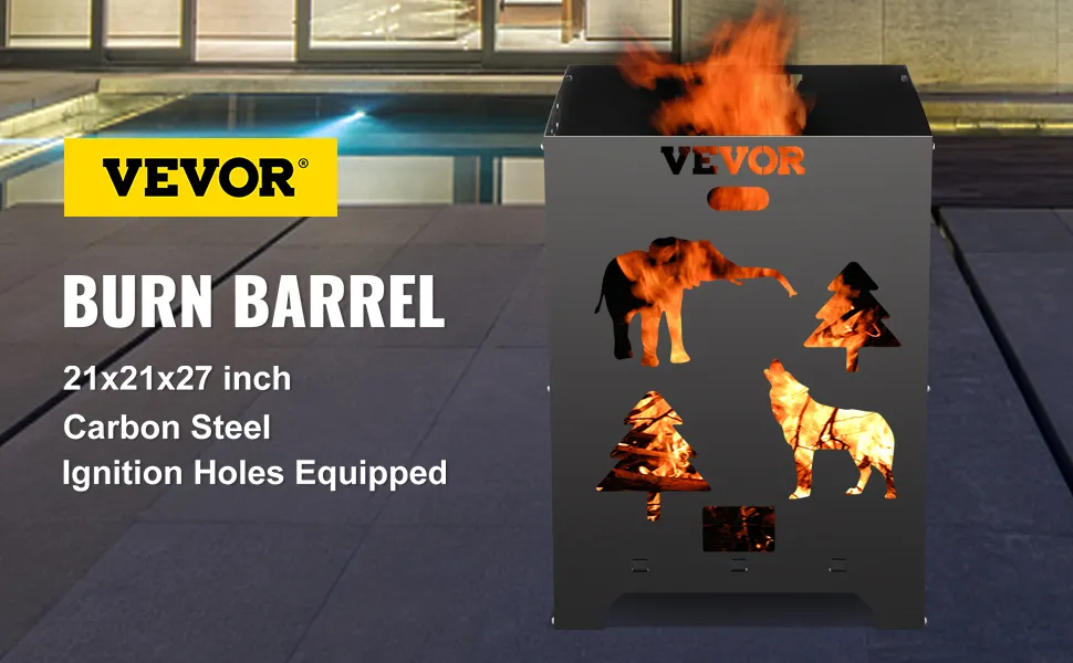 Barril de encendido VEVOR, 21 x 21 x 27 pulgadas, acero al carbono con orificios de encendido, diseños en llamas.