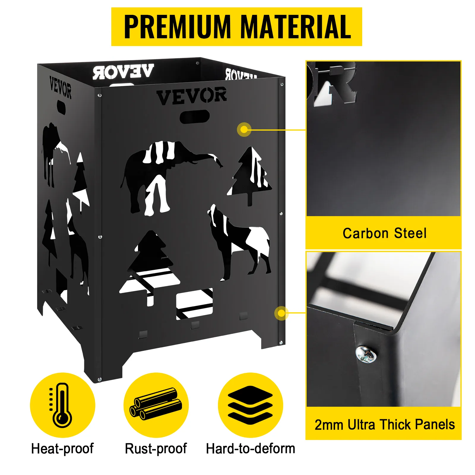 Barril de combustión VEVOR, acero al carbono, resistente al calor, a la oxidación, paneles de 2 mm de espesor, recortes de animales.