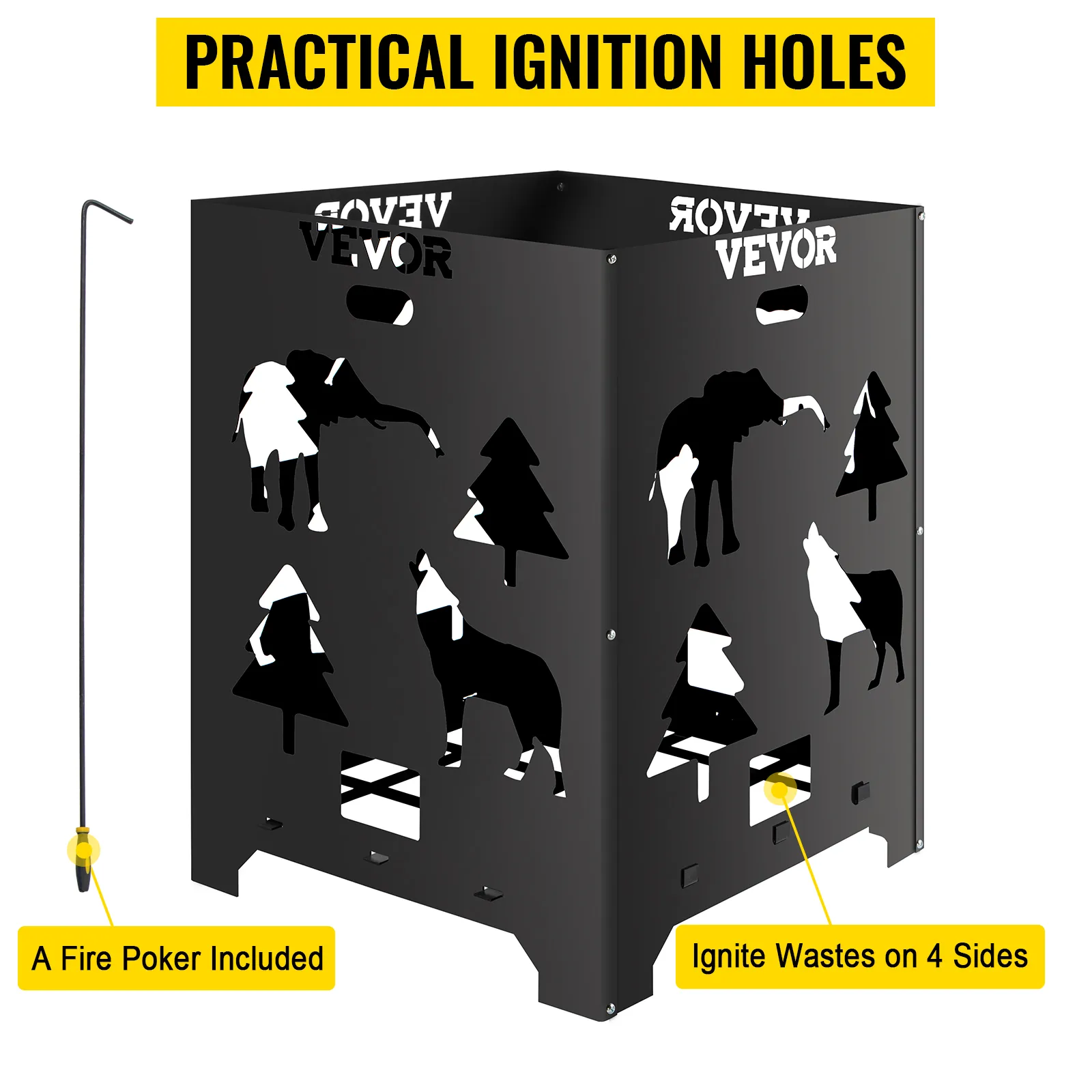 Barril de combustión VEVOR con prácticos orificios de encendido y atizador de fuego incluido.