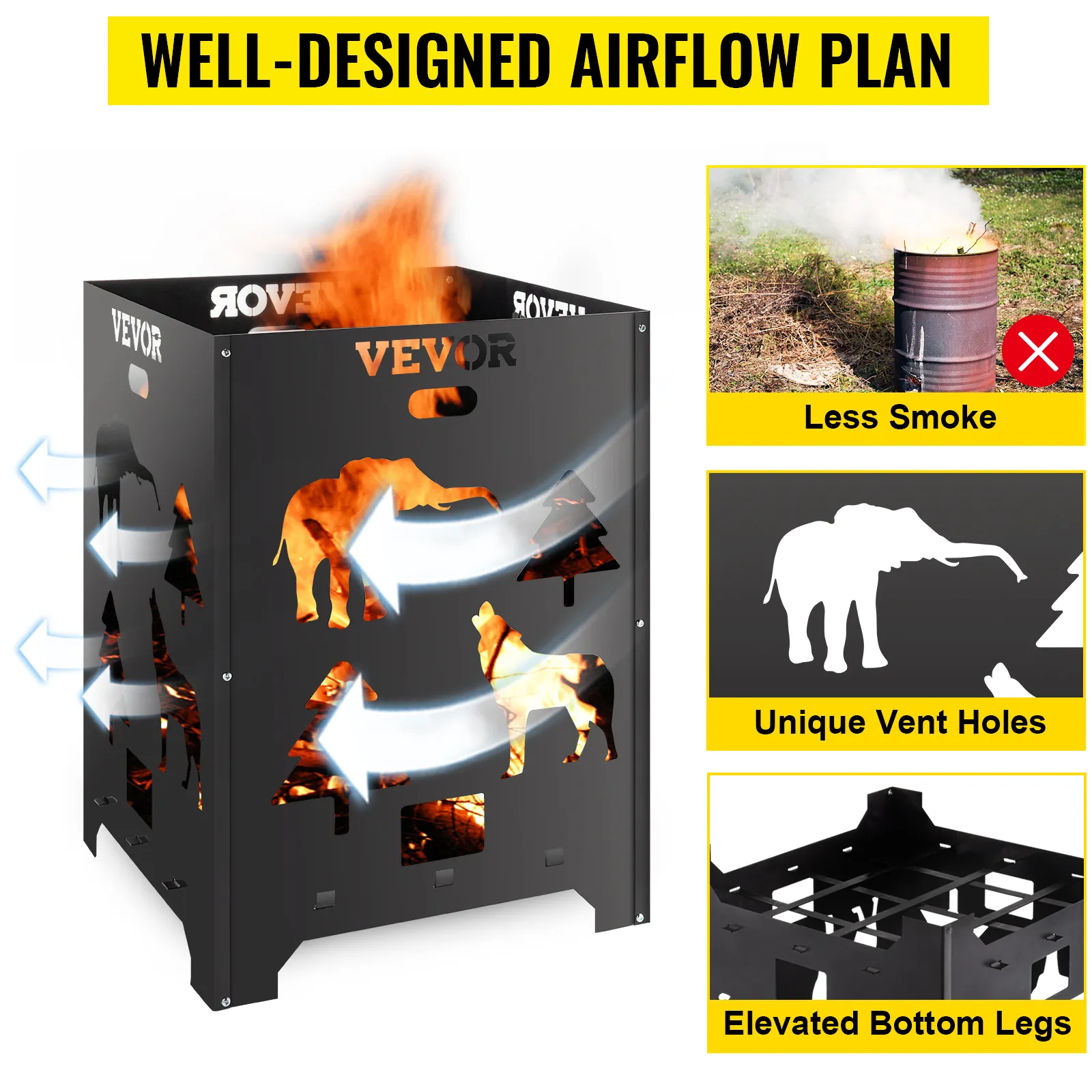 Barril de combustión VEVOR con plan de flujo de aire bien diseñado, orificios de ventilación únicos y menos humo.