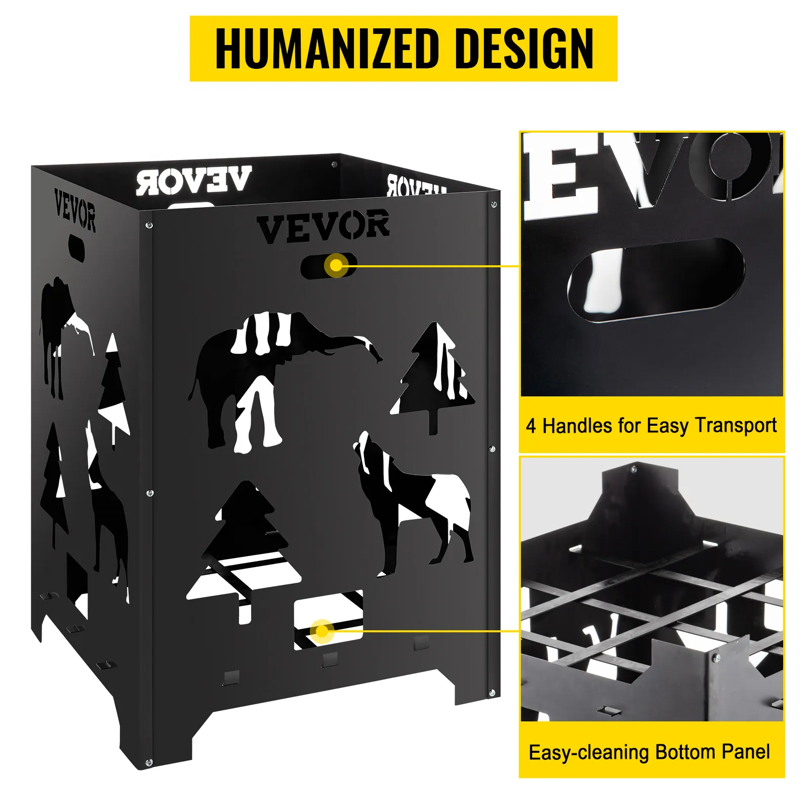 Barril de combustión VEVOR con recortes de animales, 4 asas de transporte y panel inferior de fácil limpieza.