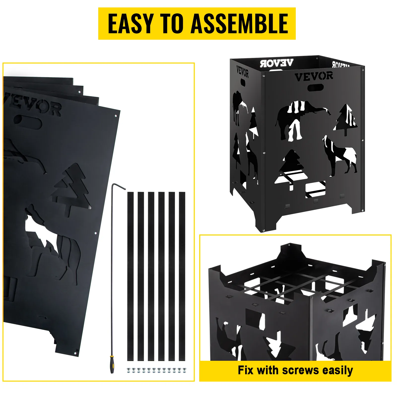 Guía de montaje fácil del barril de combustión VEVOR con paneles, varillas y tornillos. Incluye recortes de vida silvestre.