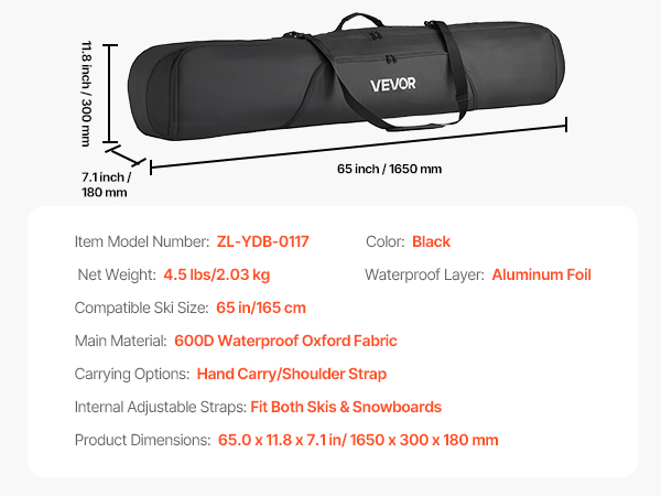 VEVOR Padded Snowboard Bag – 65 in / 165 cm Travel Case