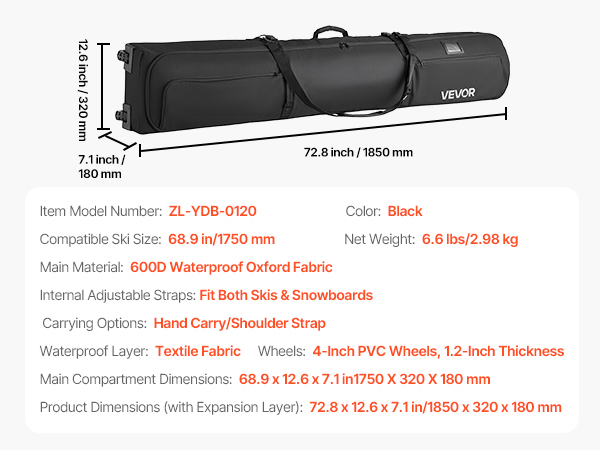 VEVOR Ski Roller Bag, Up to 68.9 in/175 cm, Padded Snowboard Bag