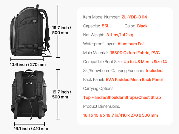 VEVOR Ski Boot Travel Bag – 55L Backpack, 1680D Waterproof