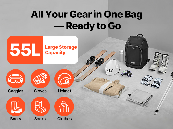 VEVOR Ski Boot Travel Bag – 55L Backpack, 1680D Waterproof