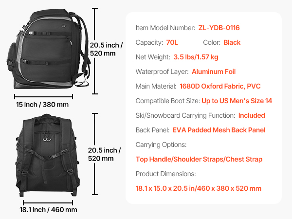 VEVOR Snowboard Boot Backpack – 70L, 1680D Waterproof