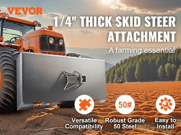 VEVOR skid steer attachment plate on an orange tractor, ideal for farming with versatile compatibility.
