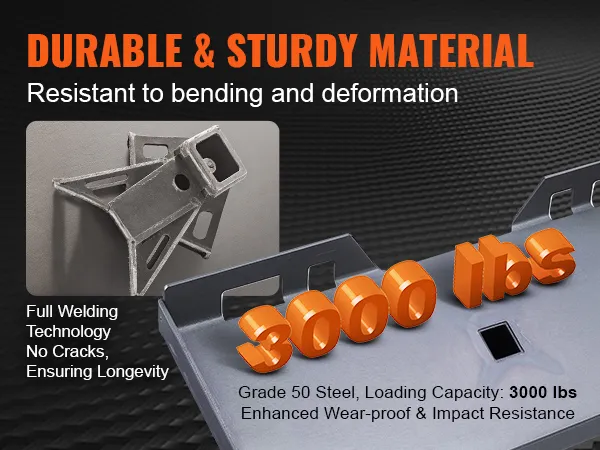 durable VEVOR skid steer attachment plate with 3000 lbs capacity, grade 50 steel, full welding technology.