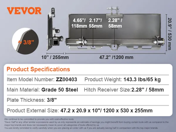 VEVOR skid steer attachment plate, dimensions 47.2"x20.9"x10", grade 50 steel, 143.3lbs, model zz00403.